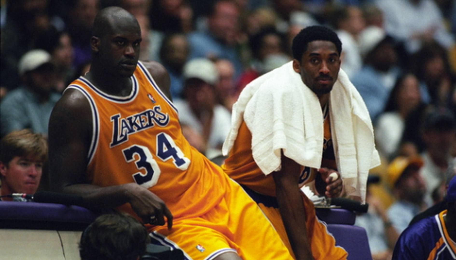 Shaquille O'Neal and Kobe Bryant of the Los Angeles Lakers during a National Basketball Association game at the Great Western Forum in Los Angeles, CA.